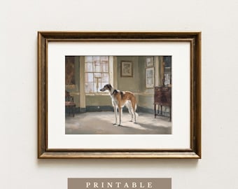 Saluki dans le salon du matin | Téléchargement numérique | Illustration de chien de campagne | Décoration vintage chaleureuse | Portrait de chien