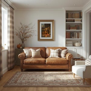 K&ouml;nnte beinhalten: Ein gem&uuml;tliches Wohnzimmer mit einem braunen Ledersofa und karierten Kissen. Ein gerahmtes Hundeportr&auml;t h&auml;ngt an der Wand. Der Raum umfasst einen gemusterten Teppich, ein B&uuml;cherregal und einen wei&szlig;en Sessel, was eine einladende Atmosph&auml;re schafft.