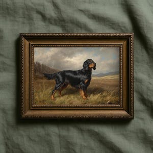 May include: A framed painting of a black and tan Gordon Setter dog standing in a field. The dog is the focal point, set against a backdrop of a cloudy sky, trees, and rolling hills. The frame is a dark, ornate wood.