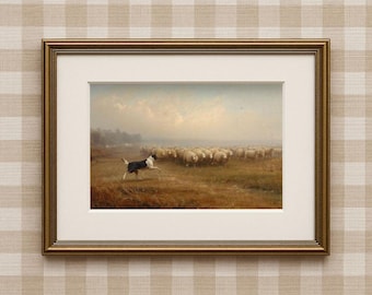 Border Collie & Sheep (unframed) | Rustic Farm Dog Print | Vintage Oil Painting Style | Country Living Wall Art