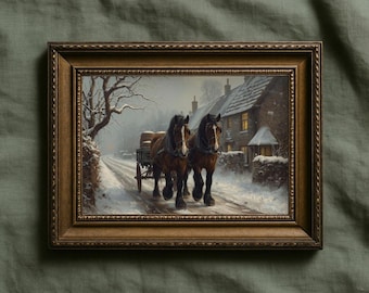 Heavy Horses in Winter (unframed) | Vintage Oil Painting Style | English Countryside Christmas Print