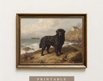 Cão Terra Nova | Download Digital | Impressão de Cão em Estilo Tradicional | Estilo de Pintura Vintage | Arte de Parede com Cão Resgatado da Costa