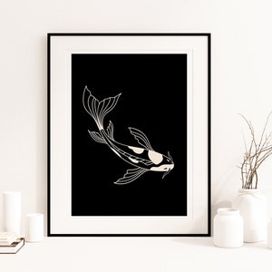 Koi Wandkunst (ungerahmt), minimalistischer Druck, neutrale Wandkunst, japanisch inspiriert, schwarz-weiß Druck