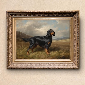 May include: An antique framed painting of a black and tan Gordon Setter dog standing in a field. The dog is the focal point, set against a backdrop of a cloudy sky, rolling hills, and a few trees. The frame is ornate.