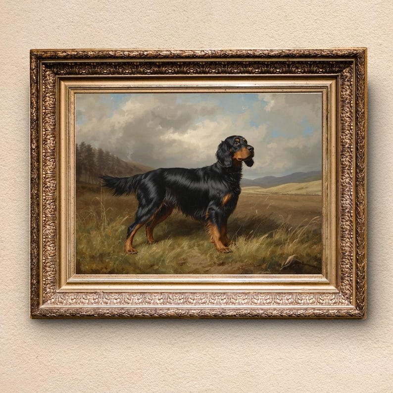 May include: An antique framed painting of a black and tan Gordon Setter dog standing in a field. The dog is the focal point, set against a backdrop of a cloudy sky, rolling hills, and a few trees. The frame is ornate.