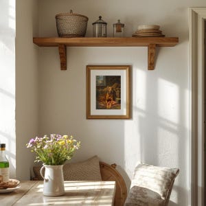 K&ouml;nnte beinhalten: Rustikales Interieur mit einem Holzregal mit einem Weidenkorb, Gl&auml;sern und Tellern. Darunter h&auml;ngt ein gerahmtes Gem&auml;lde eines Hundes. Eine wei&szlig;e Vase mit Blumen und ein Esstisch vervollst&auml;ndigen die gem&uuml;tliche Szene.