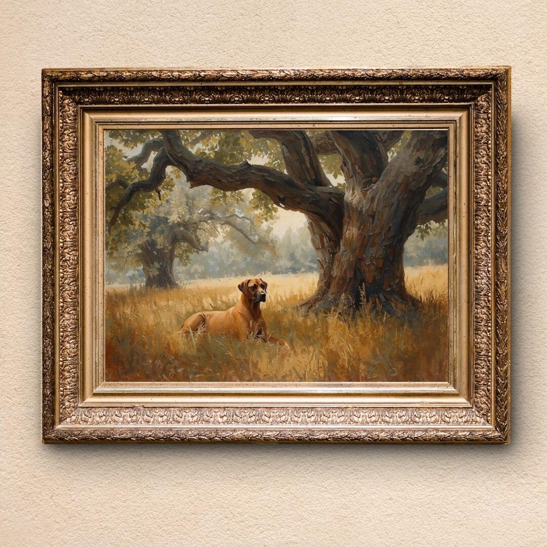 A Rhodesian Ridgeback Treeing A Squirrel Rhodesian Ridgeback Under Oak Tree (unframed) | Heritage Style Dog ...