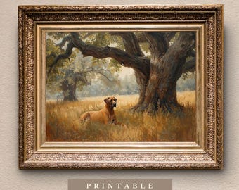 Rhodesian Ridgeback Under Oak Tree | Digital Download | Printable Fine Art | Heritage Style Dog Print | Country Living Wall Art