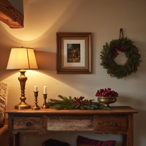 K&ouml;nnte beinhalten: Rustikale Holzkonsolentisch mit einer Messinglampe, Kerzenhaltern und einer Schale mit roten Beeren. Ein gerahmtes Bild und ein gr&uuml;ner Kranz mit roten Beeren h&auml;ngen an der Wand und schaffen eine warme, einladende Szene.