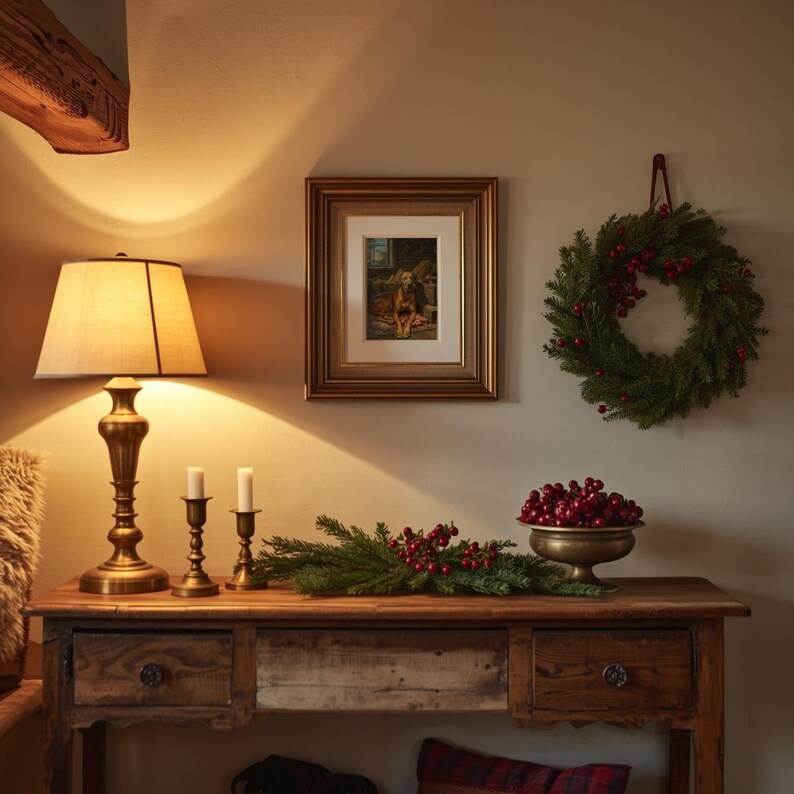 K&ouml;nnte beinhalten: Rustikale Holzkonsolentisch mit einer Messinglampe, Kerzenhaltern und einer Schale mit roten Beeren. Ein gerahmtes Bild und ein gr&uuml;ner Kranz mit roten Beeren h&auml;ngen an der Wand und schaffen eine warme, einladende Szene.