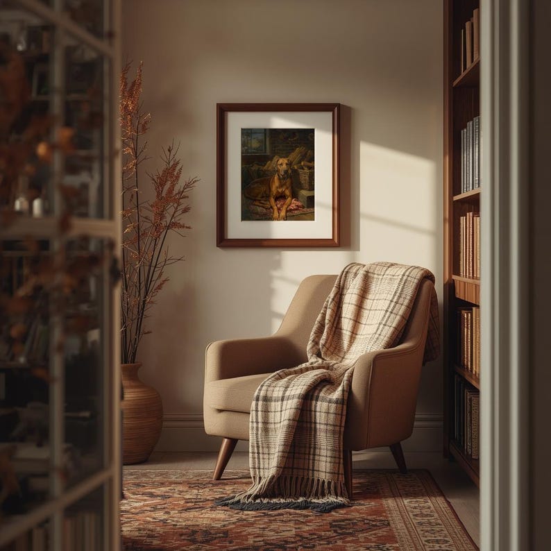 K&ouml;nnte beinhalten: Ein gerahmtes Hundeportr&auml;t h&auml;ngt &uuml;ber einem beigen Sessel mit einer karierten Decke. Der Raum verf&uuml;gt &uuml;ber einen gemusterten Teppich, ein B&uuml;cherregal aus Holz und eine Vase mit getrockneten Pflanzen. Die Szene erzeugt eine gem&uuml;tliche, einladende Atmosph&auml;re.