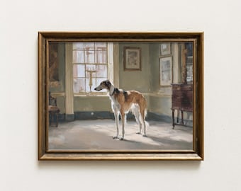 Saluki dans The Morning Room (sans cadre) | Impression d'art de chien de maison de campagne | Décoration vintage chaleureuse | Portrait de chien