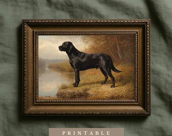 Black Labrador Portrait | Digital Download | Printable Fine Art | Vintage Oil Painting Style | Countryside Dog Art