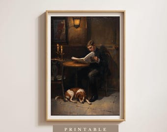 The Evening Paper | Digital Download | Heritage Style Dog Print | Vintage Oil Painting Style | Gentleman Reading with Dog Print