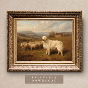 Great Pyrenees & Flock | Digital Download | Heritage Style Dog Print | Vintage Oil Painting Style | Pastoral Dog Wall Art