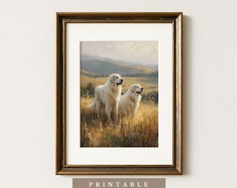 Pyrenäen Sennenhunde | Digitaler Download | Bauernhof Hund Kunstdruck | Rustikaler Stil Hunde Kunst | Herdenschutzhunde