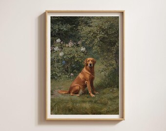 Fox Red Labrador Retriever in the Garden (unframed) | Heritage Style Dog Print | Vintage Oil Painting Style | Dog Wall Art