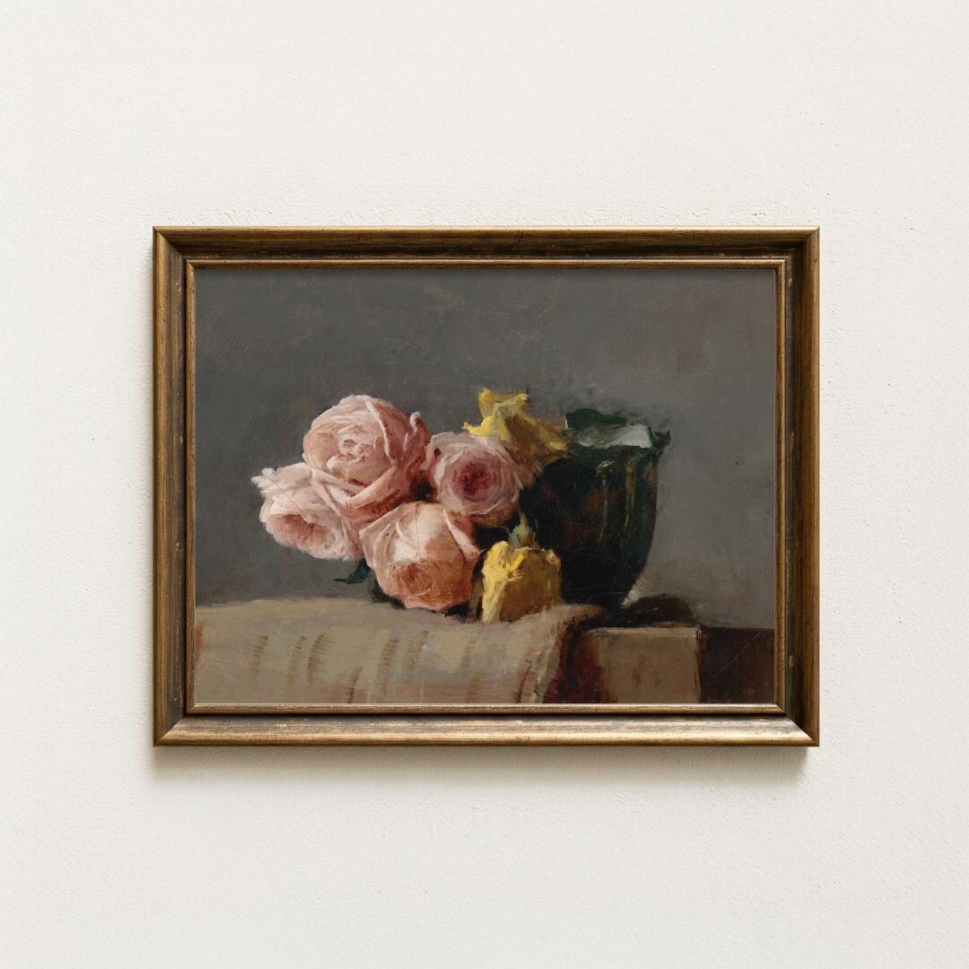 Vintage Floral Still Life Print (unframed) | Pink and Yellow Roses by ...