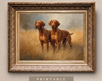 Casal de Vizslas Húngaros | Download Digital | Impressão de Cães em Estilo Tradicional | Estilo Pintura a Óleo Vintage | Arte de Parede com Cães de Caça
