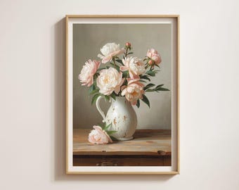 Peonies Pink & White (unframed) | Warm Rustic Cottage Print | Vintage Oil Painting Style