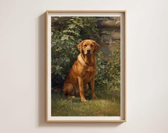 Fox Red Labrador Retriever in the Garden (unframed) | Heritage Style Dog Print | Vintage Oil Painting Style | Dog Wall Art