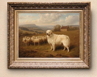 Great Pyrenees & Flock (unframed) | Heritage Style Dog Print | Vintage Oil Painting Style | Pastoral Dog Wall Art