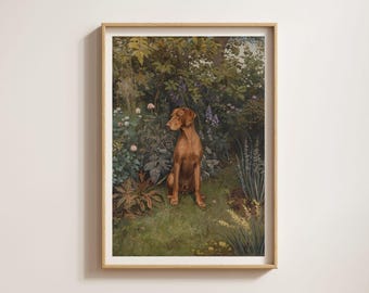Cão da raça Vizsla Húngaro no Jardim (sem moldura) | Arte de Cachorro para Casa de Campo | Arte de Parede com Cachorro