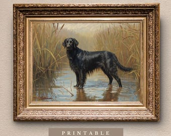 Retriever de pelo liso / Descarga digital / Lámina de perro de estilo clásico / Estilo de pintura al óleo vintage