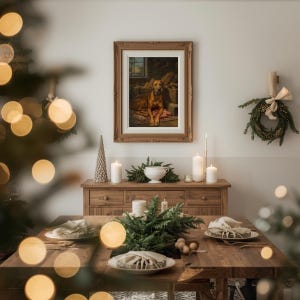 K&ouml;nnte beinhalten: Esszimmer-Szene mit einem Holztisch, der f&uuml;r eine Mahlzeit gedeckt ist. Ein gerahmtes Gem&auml;lde eines Hundes h&auml;ngt an der Wand, und ein kleiner Kranz befindet sich ebenfalls an der Wand. Der Tisch ist mit Gr&uuml;n, Kerzen und Tellern dekoriert.