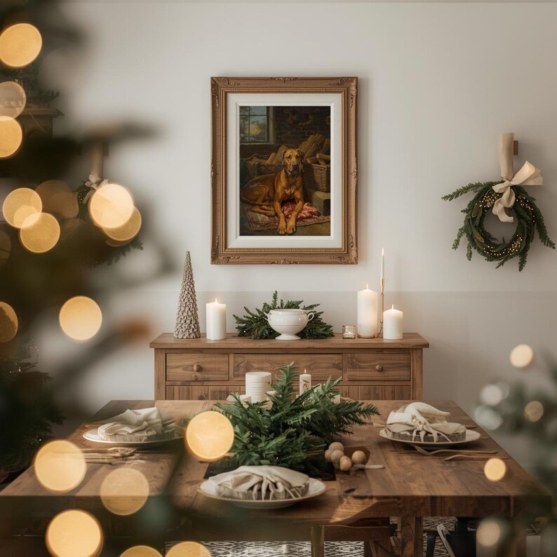 K&ouml;nnte beinhalten: Esszimmer-Szene mit einem Holztisch, der f&uuml;r eine Mahlzeit gedeckt ist. Ein gerahmtes Gem&auml;lde eines Hundes h&auml;ngt an der Wand, und ein kleiner Kranz befindet sich ebenfalls an der Wand. Der Tisch ist mit Gr&uuml;n, Kerzen und Tellern dekoriert.