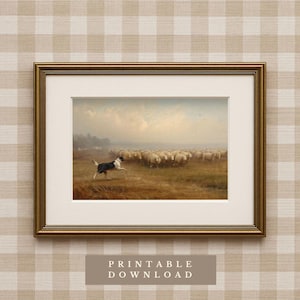 May include: Framed print of a pastoral scene featuring a black and white dog herding a flock of sheep across a field. The artwork is set in a gold frame with a white mat. The text "PRINTABLE DOWNLOAD" is at the bottom.