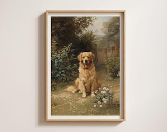 May include: A framed print depicting a Golden Retriever dog seated outdoors. The dog, with golden fur, is on a dirt path, with greenery and a wooden fence in the background. The artwork is in a vintage style.