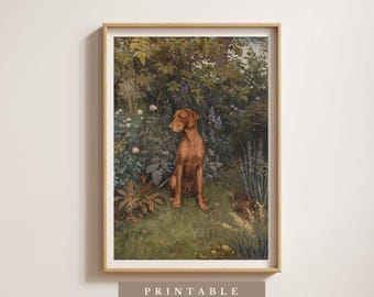 Cão Vizsla Húngaro no Jardim | Download Digital | Impressão de Cão em Estilo Tradicional | Estilo Pintura a Óleo Vintage | Arte de Parede com Cachorro