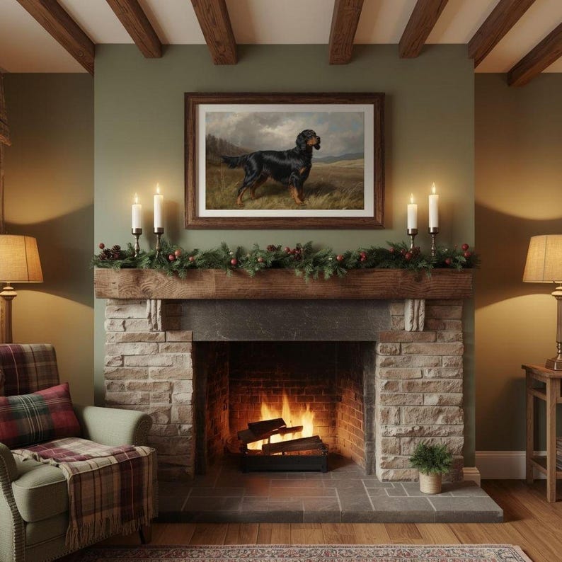 May include: A cozy living room scene featuring a stone fireplace with a roaring fire. Above the mantel is a framed painting of a black dog. The room is decorated with candles, greenery, and a plaid armchair, creating a warm and inviting atmosphere.