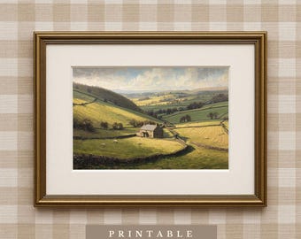 May include: A framed landscape painting depicting a rural scene with rolling green hills, a small stone building, and a winding road. The artwork is set in a gold frame and includes the text "PRINTABLE DOWNLOAD" at the bottom.