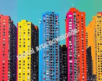 Lámina con coloridos bloques de apartamentos, arte mural de arquitectura pop art, horizonte urbano moderno de mediados de siglo, descarga digital imprimible estilo Bauhaus.