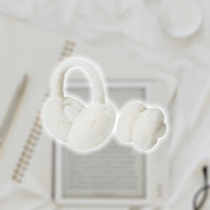 May include: White faux fur earmuffs with a headband style and a separate pair of earmuffs that are round and fluffy.
