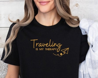 Embroidery Traveling Is My Therapy Shirt , Embroidered Travel Vacation Shirt, Airplane Mode Long Sleeve, Adventure T-shirt