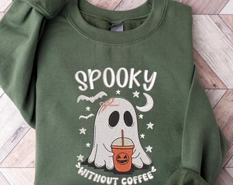 Spooky Without Coffee Ghosts Embroidered Sweatshirt, Ghost Coffee Embroidered Sweatshirt, Halloween Sweatshirt, Halloween Ghost Sweatshirt