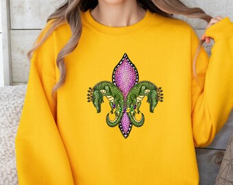 Camisa retro de cocodrilo del Mardi Gras, camisa de Nola, carnaval del Mardi Gras, animal del Mardi Gras, camisa de Luisiana, camisa de Nueva Orleans, suéter de Luisiana
