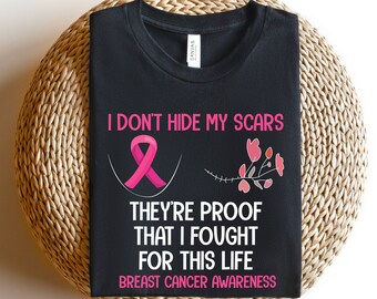 Camiseta "No escondo mis cicatrices", "Son la prueba de que luché por esta vida", "Concientización sobre el cáncer de mama", "Camiseta del lazo rosa", "Sudadera del Día Rosa"