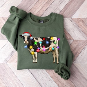 Christmas Cow Sweatshirt, Cow Lights Sweater, Cow Women Sweatshirt, Cow Lover Shirt, Christmas Sweatshirt, Highland Cow Crewneck, Farm Xmas