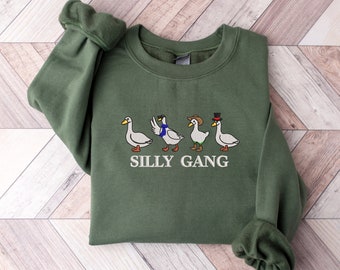 Embroidered Silly Gang Sweatshirts, Goose Bumps Embroidery Crewneck, Funny Sweatshirts, Unisex Goose Embroidered, Animal Crewneck