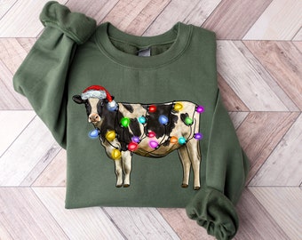 Christmas Cow Sweatshirt, Cow Lights Sweater, Cow Women Sweatshirt, Cow Lover Shirt, Christmas Sweatshirt, Highland Cow Crewneck, Farm Xmas
