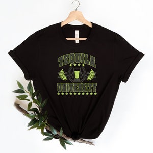 May include: Black t-shirt with a green graphic that says "Tequila University" with a shot glass and lime wedges.