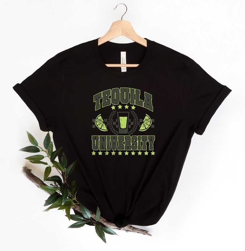 May include: Black t-shirt with a green graphic that says "Tequila University" with a shot glass and lime wedges.