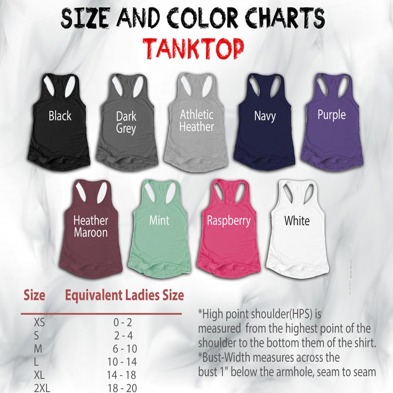 Puede incluir: Tabla de tallas y colores para camisetas sin mangas. La tabla muestra los diferentes colores disponibles, incluyendo negro, gris oscuro, gris jaspeado, azul marino, morado, granate jaspeado, menta, frambuesa y blanco. La tabla tambi&eacute;n muestra la talla de mujer equivalente para cada talla de camiseta sin mangas, de XS a 2XL.