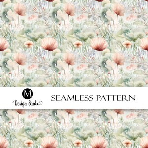 Motif floral aquarelle, nénuphars et coquelicots pastel sans couture, papier peint ou tissu vert clair rose pêche