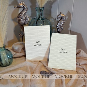 Neutral Wedding Invitation Mockup Card, Coastal Beach Mockup, Digital Download, Front and Back 5x7 Card Mock Up, Smart Object PSD