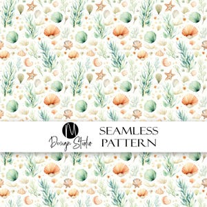 Watercolor Sea Shells, Coral And Seaweed Pattern, Seamless Vintage Ocean Design, Soft Colors On White Background